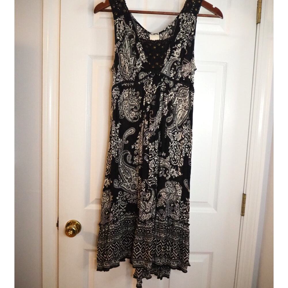 Boho Paisley Dress Womens S Black White Rayon Crochet Beaded Handkerchief Hem